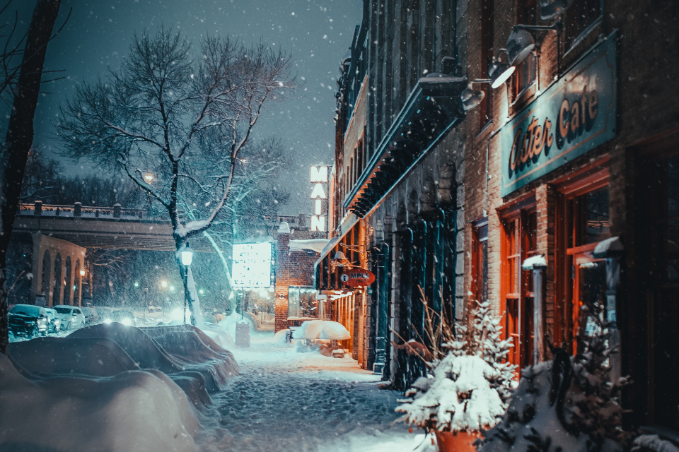snow down a dark street